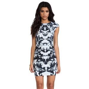 McQ Alexander McQueen Cap Sleeve Bird Bodycon Mini Dress Size M Jersey Grey Blue